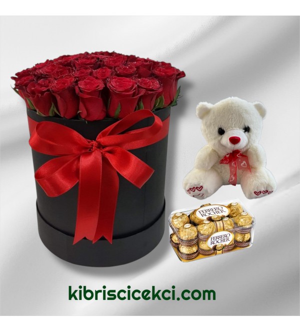 Kutuda 25 Kırmızı Gül Ayıcık 16'lı Ferrero Çikolata